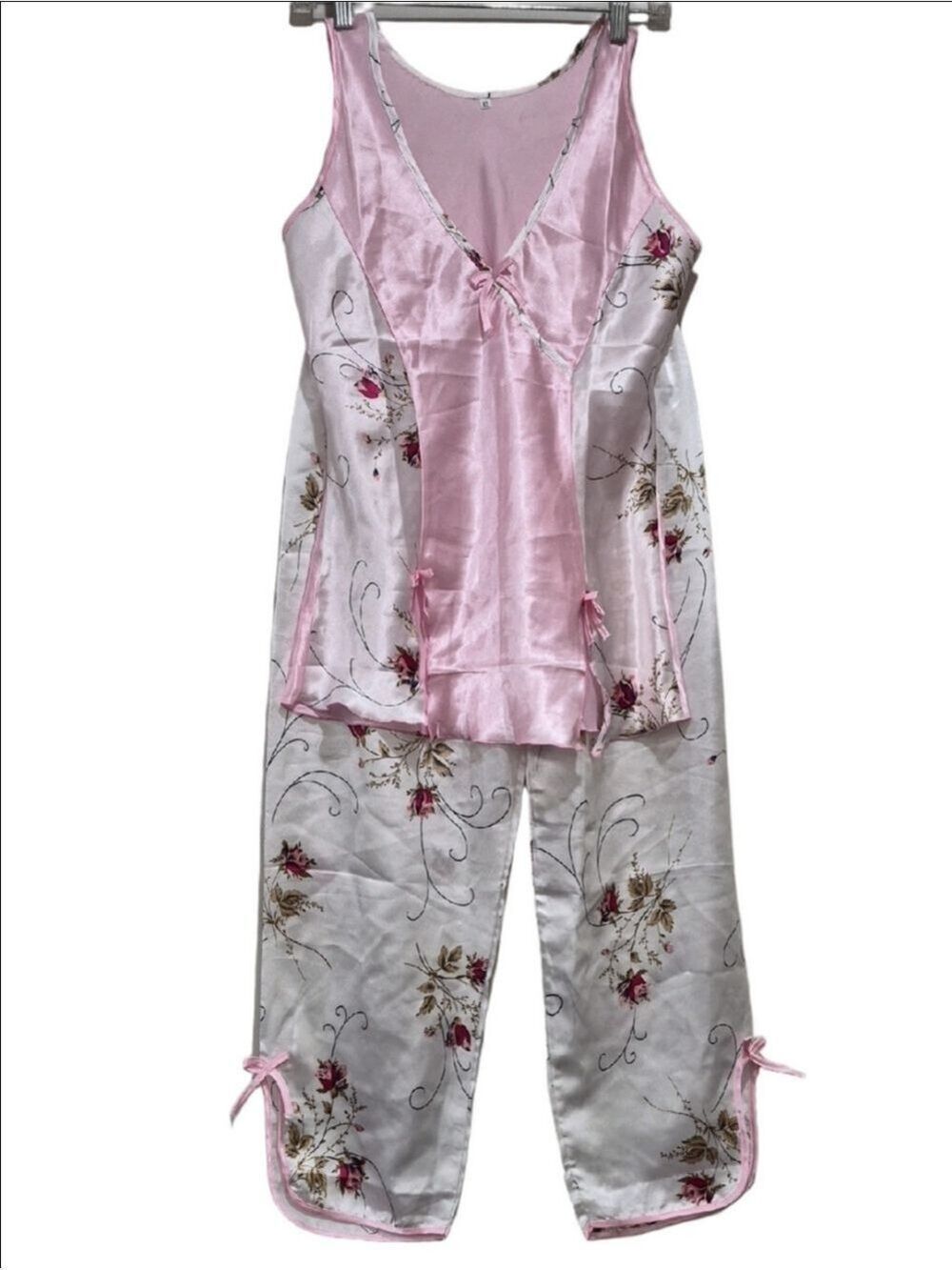 JING ZHIYI Women's Pink & White Floral Satin Pajama Set Of Three